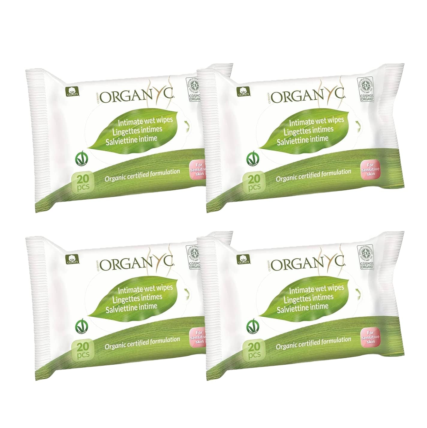 Organyc Moist Intimate Wipes, gjorda av 100 % certifierad ekologisk bomull - 4 förpackningar med 20 våtservetter (80 våtservetter totalt)