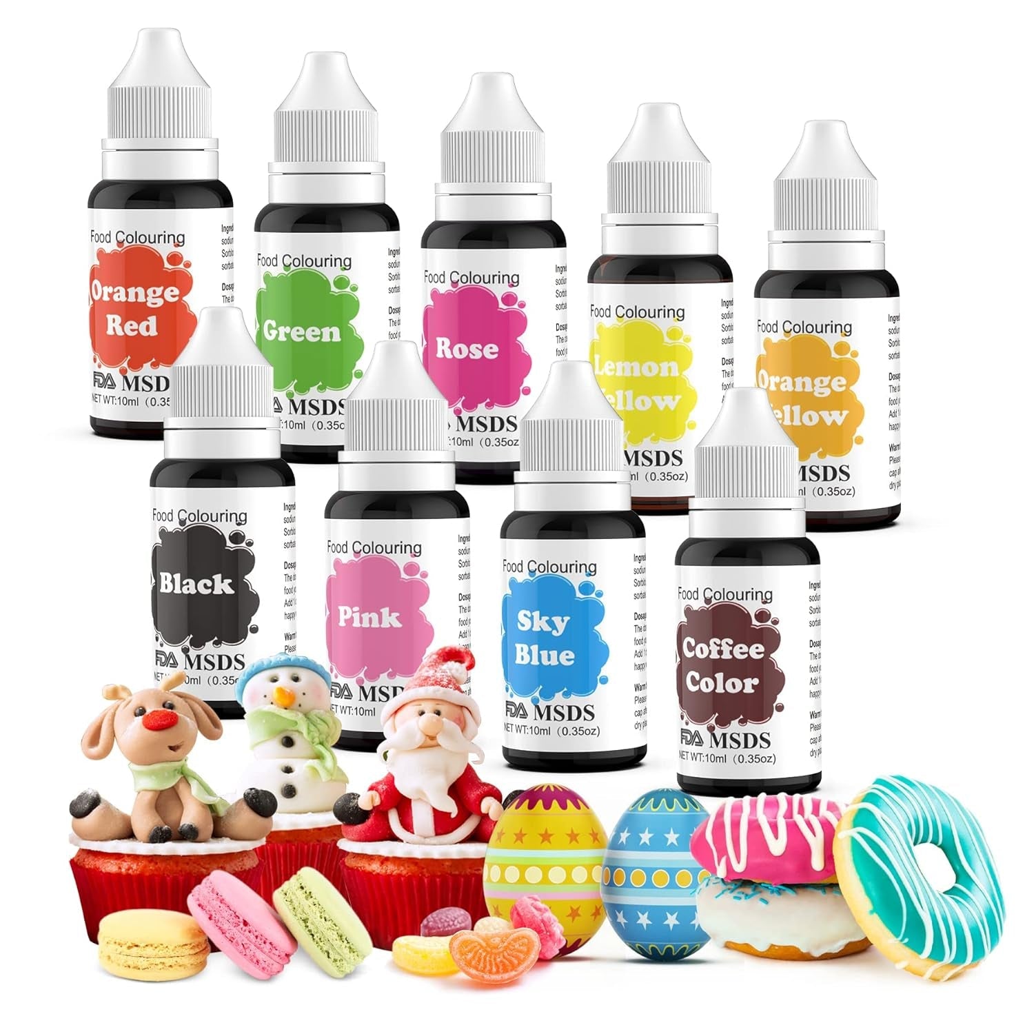 Matfärgning 9 x 10 ml, flytande matfärgning - Matfärgningsset för att dekorera kakor, macarons, munkar, fudge, glasyr, gör-det-själv-tvålar, glass, tvålfärg, spraypistolfärg