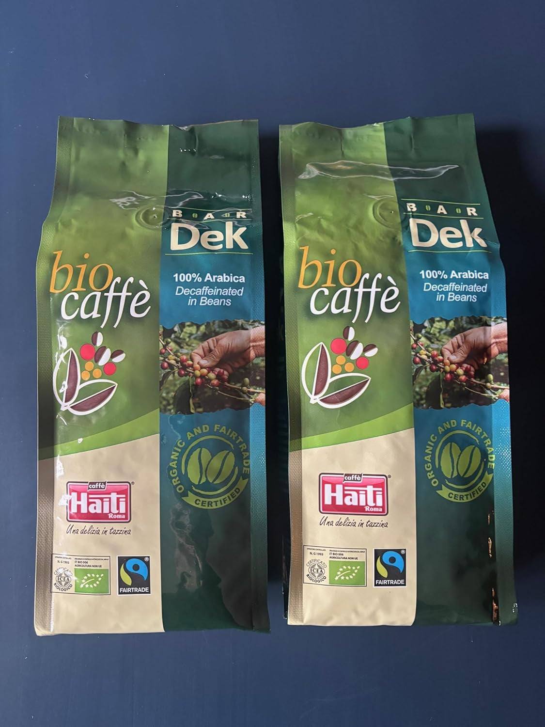 Caffè Haiti Roma ekologiska koffeinfria kaffebönor, 100% Arabica, Fairtrade-certifierad, ekologisk kvalitet, förpackning om 2 x 500g
