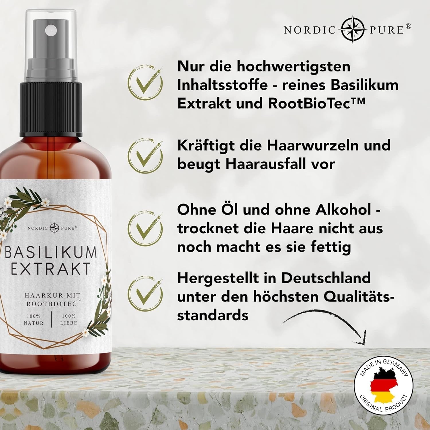 Hårbehandling med basilikaextrakt från Nordic Pure | För vård av tunt, torrt och skört hår | Kan förhindra håravfall 100ml Naty Shop hårvård