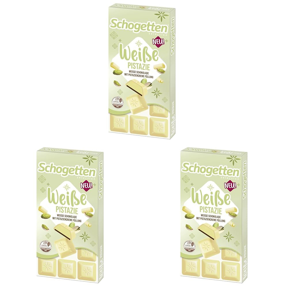 Schogetten Vit Pistasch | Vit choklad med pistagekrämfyllning | 100 g | Bekvämt portionerad (paket med 3)