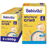 Semlegrynsgröt med mjölk (4 x 500g), mat för bebisar från 6 månader, inget tillsatt socker, med värdefulla mineraler och vitaminer, mycket mättande