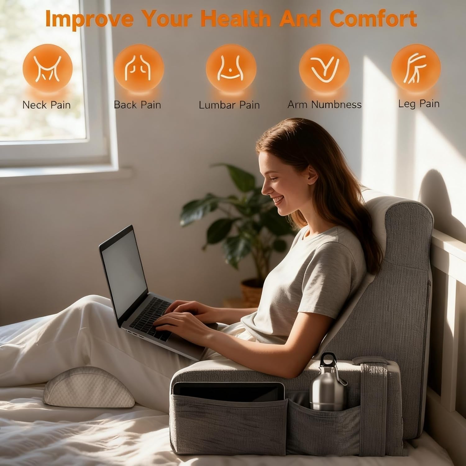 Stor läskudde med avtagbart nackstöd och armstöd, ryggkudde till sängen, ergonomisk ryggkudde med arm, ficka och tvättbart överdrag för läsning och tv-tittande.