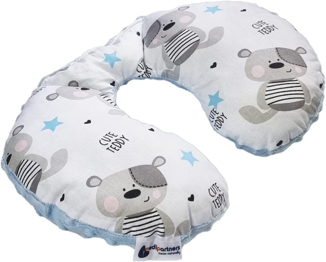 Medi Partners Baby Nackkudde Nackstöd 100% Bomull / Minky Baby Nackkudde för bilvagn Resor Sömn Nackkudde Snooze Roll (REH med Grå Minky) Cervikala ortopediska kuddar Naty Shop Ljusblå Minky Teddy Bear