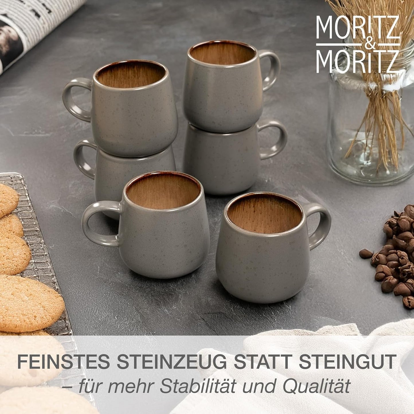 Moritz & Moritz SOLID 24-delat servisset i stengods för 6 - servisset för 6 bestående av 6 tallrikar, 6 tallrikar, 6 mattallrikar och 6 koppar med handtag