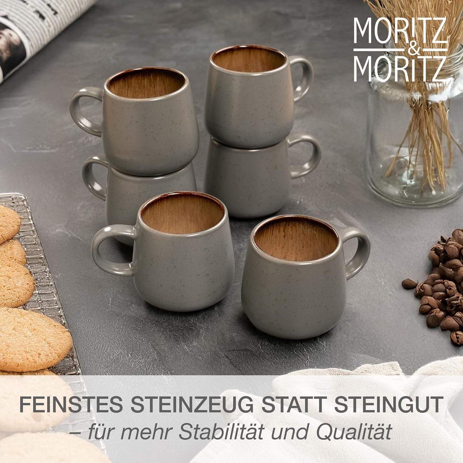 Moritz & Moritz SOLID 24-delat servisset i stengods för 6 - servisset för 6 bestående av 6 tallrikar, 6 tallrikar, 6 mattallrikar och 6 koppar med handtag