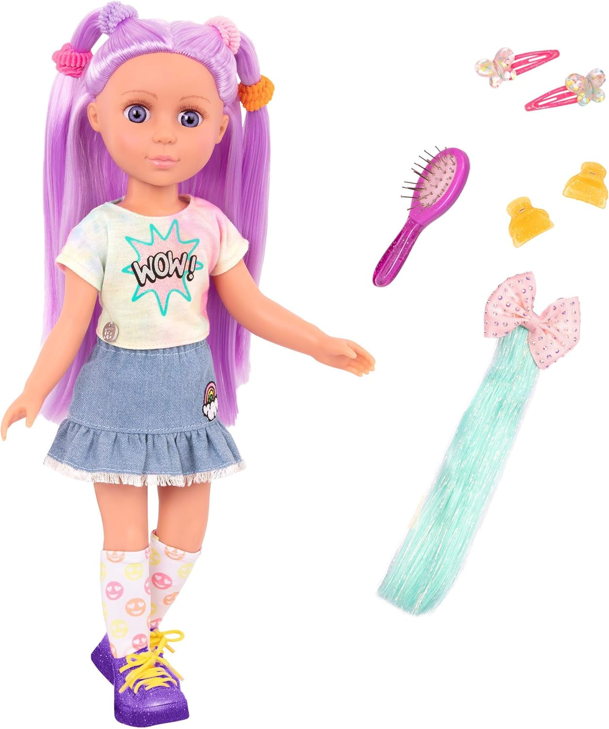 Glitter Girls - Luma - 36 cm ledad docka - Unikt lila hår och lila ögon - Hårförlängningar, rosett, clips och färgglad outfit - 3 år +