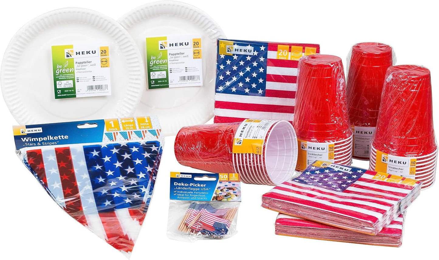 HEKU 191-st. USA Party Set I Papperstallrikar Ø23Cm, Röda koppar, 3-lagers servetter 33X33Cm, Dekorationsväljare, Vimpelkedja 10M I Perfekt för temafester och nationella helgdagar