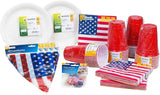 HEKU 191-st. USA Party Set I Papperstallrikar Ø23Cm, Röda koppar, 3-lagers servetter 33X33Cm, Dekorationsväljare, Vimpelkedja 10M I Perfekt för temafester och nationella helgdagar