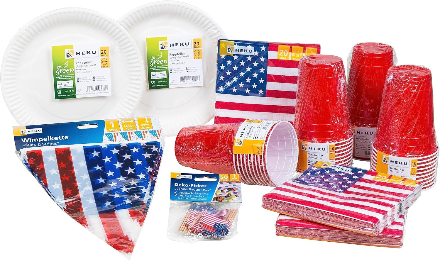 HEKU 191-st. USA Party Set I Papperstallrikar Ø23Cm, Röda koppar, 3-lagers servetter 33X33Cm, Dekorationsväljare, Vimpelkedja 10M I Perfekt för temafester och nationella helgdagar