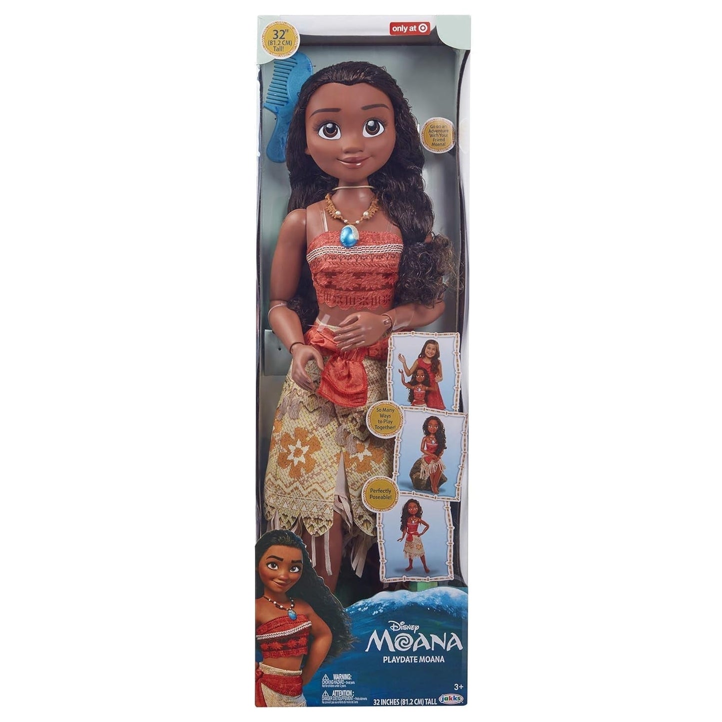 Disney Princess Moana 80cm Play Doll by Jakks Pacific Movable Doll with Brush to Comb Her Wavy Curls Filminspirerad klänning Avtagbart hänge Halsband Dolls Naty Shop