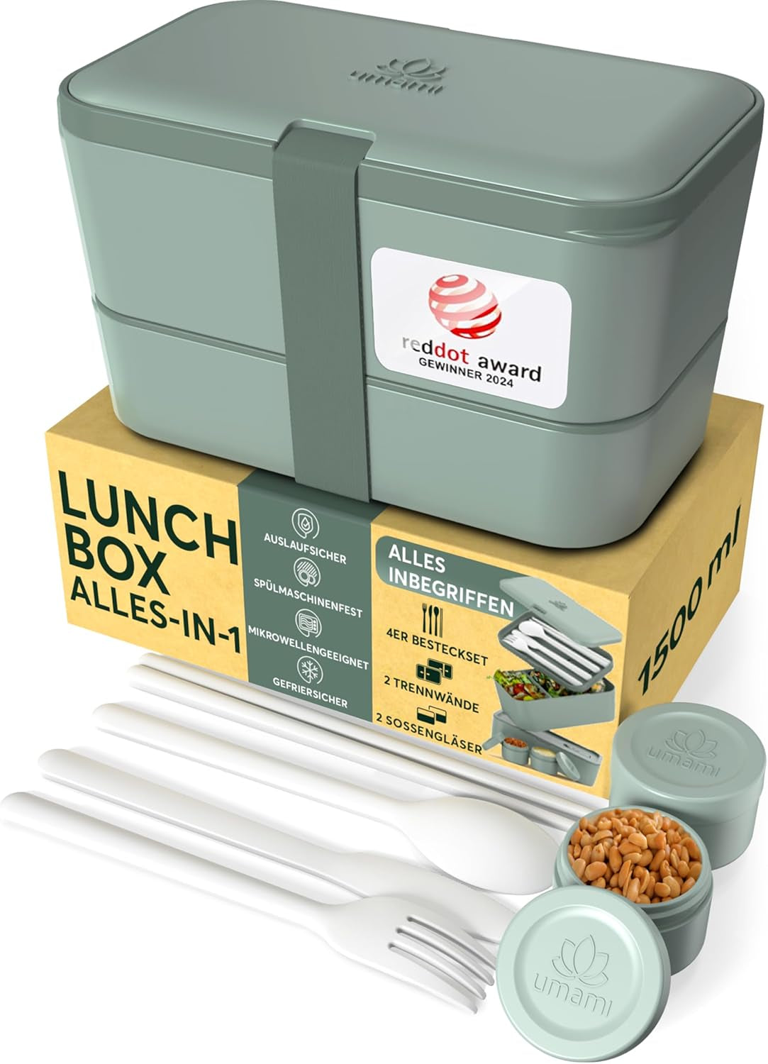 Umami Lunchbox för vuxna, Stapelbar Bento Box med 4 bestick och fack, Vuxen Lunch Box, To-go salladsbehållare, Picknick / Office Lunch Box, Kolgrå, 1500ml Naty Shop Matförvaringslådor Skiffergrön L - 1500ml Stapelbar inuti varandra
