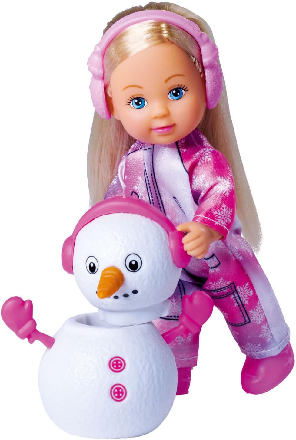 Simba 105733646 - Evi Love Snow, docka i söt snödräkt med byggbar snögubbe, 12 cm, 3+
