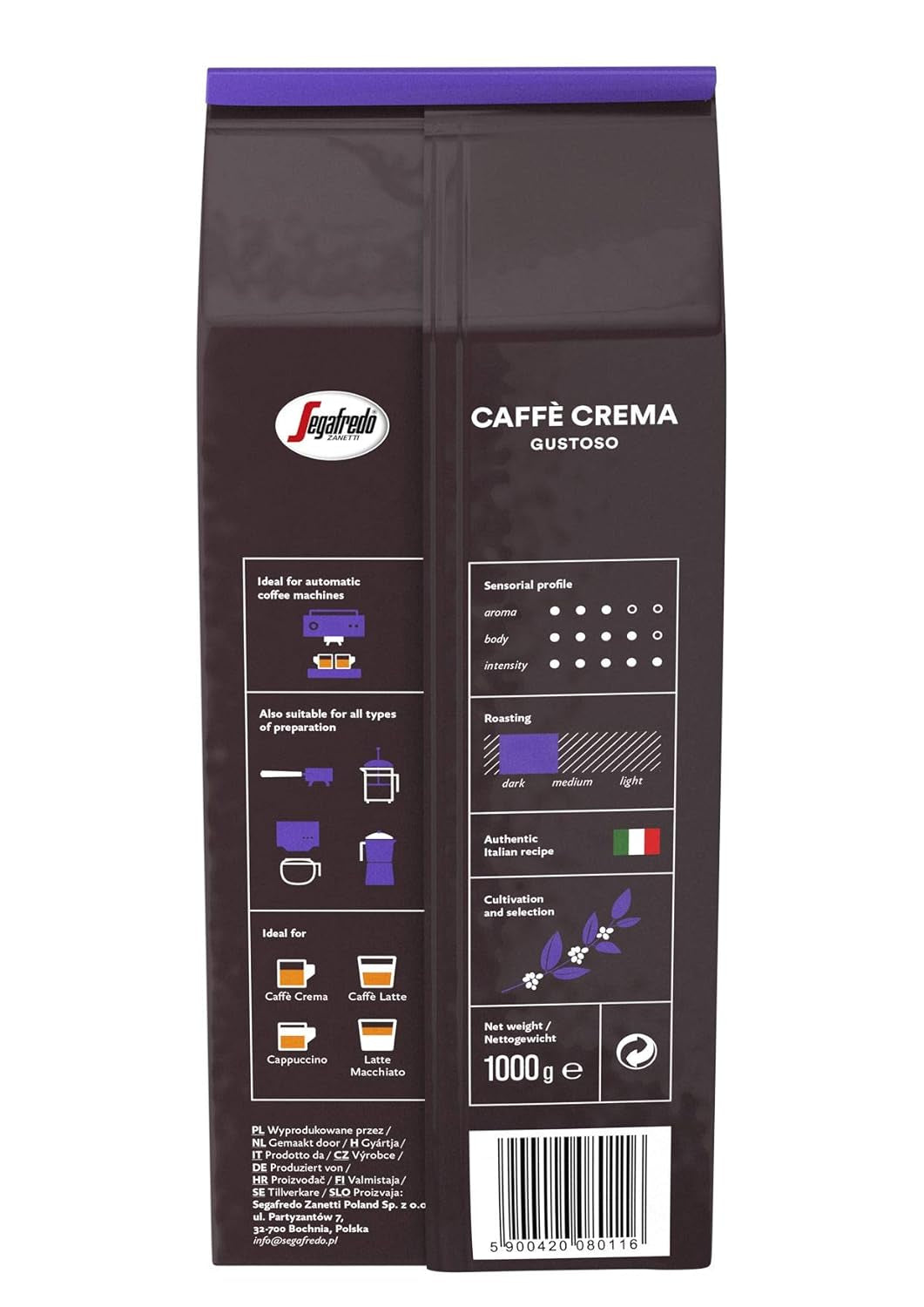 Segafredo Zanetti Caffè Crema Gustoso - Hela bönor (Förpackning med 1 kg) - Lämplig för Caffè Crema - Lång- och mörkrostade kaffebönor, fyllig och intensiv smak (Förpackning med 2)
