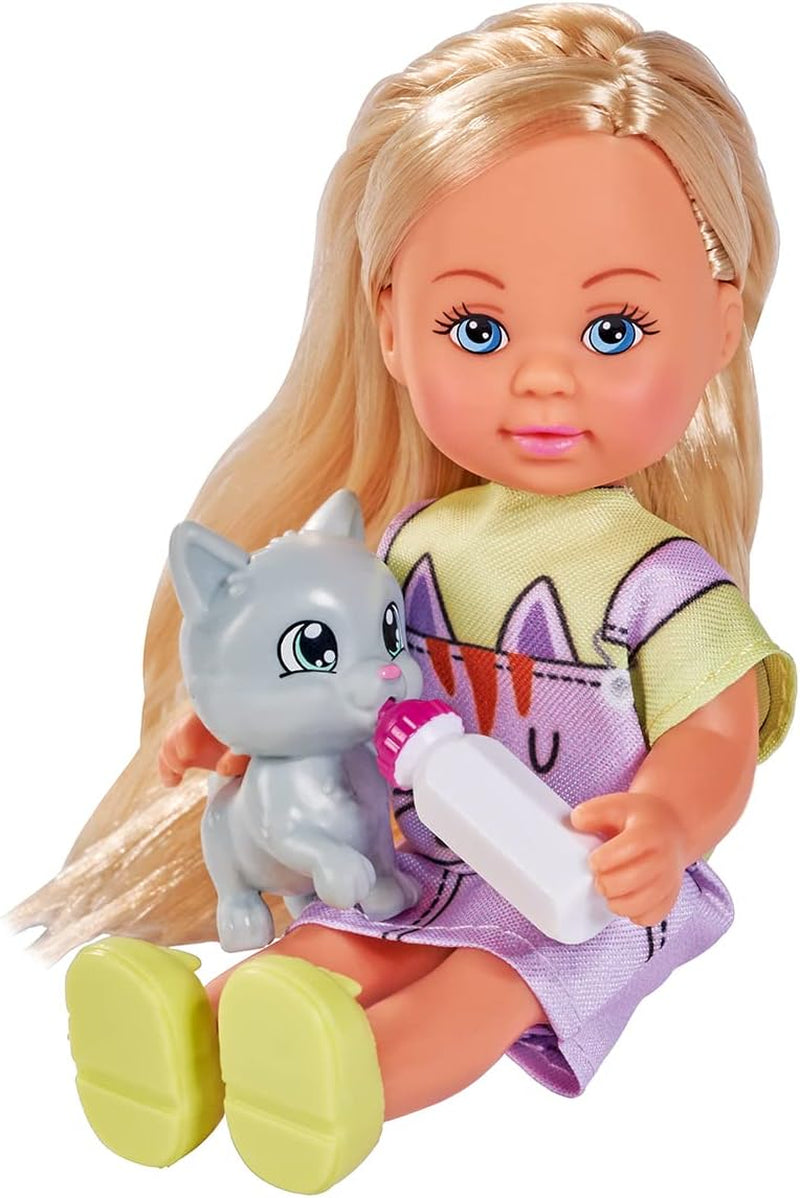 Simba 105733591 - Evi Love Kitty 2 Ways Match Endast ETT föremål skickas docka i söt kattklänning med kattungar och dricksflaska 12 cm Lekdocka 3+