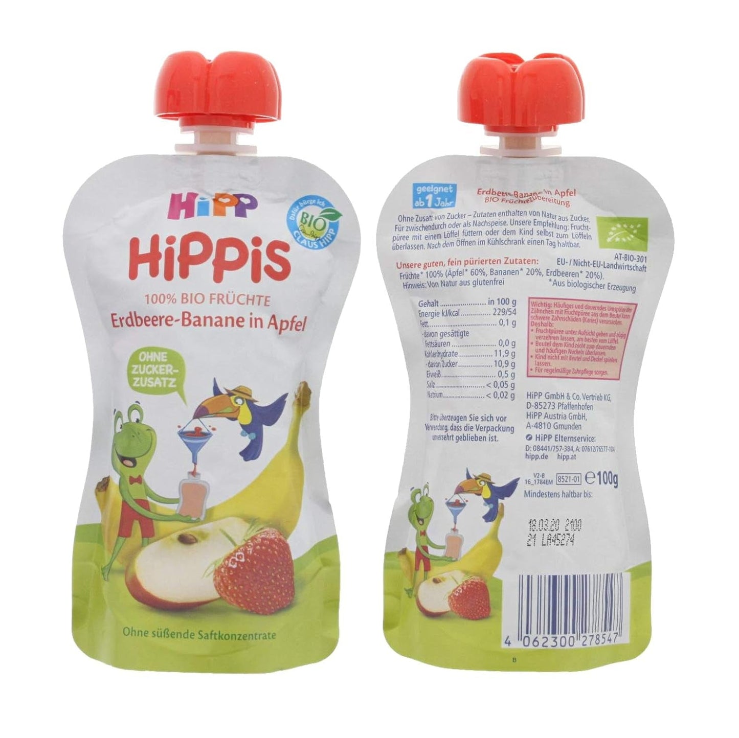 HiPP Organic for Children HiPPiS Jordgubbsbanan i äpple - Theo Toucan, 100g