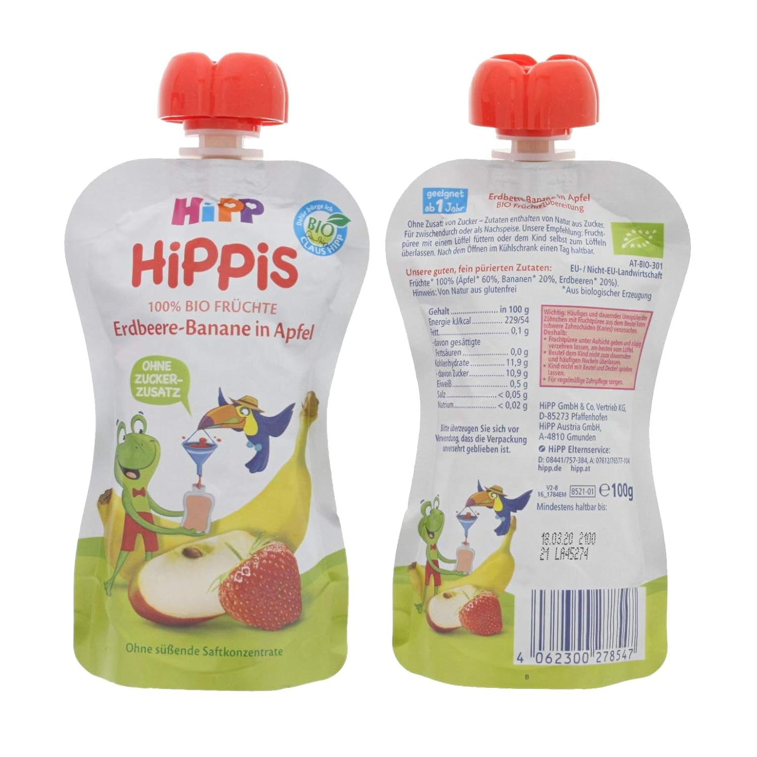HiPP Organic for Children HiPPiS Jordgubbsbanan i äpple - Theo Toucan, 100g