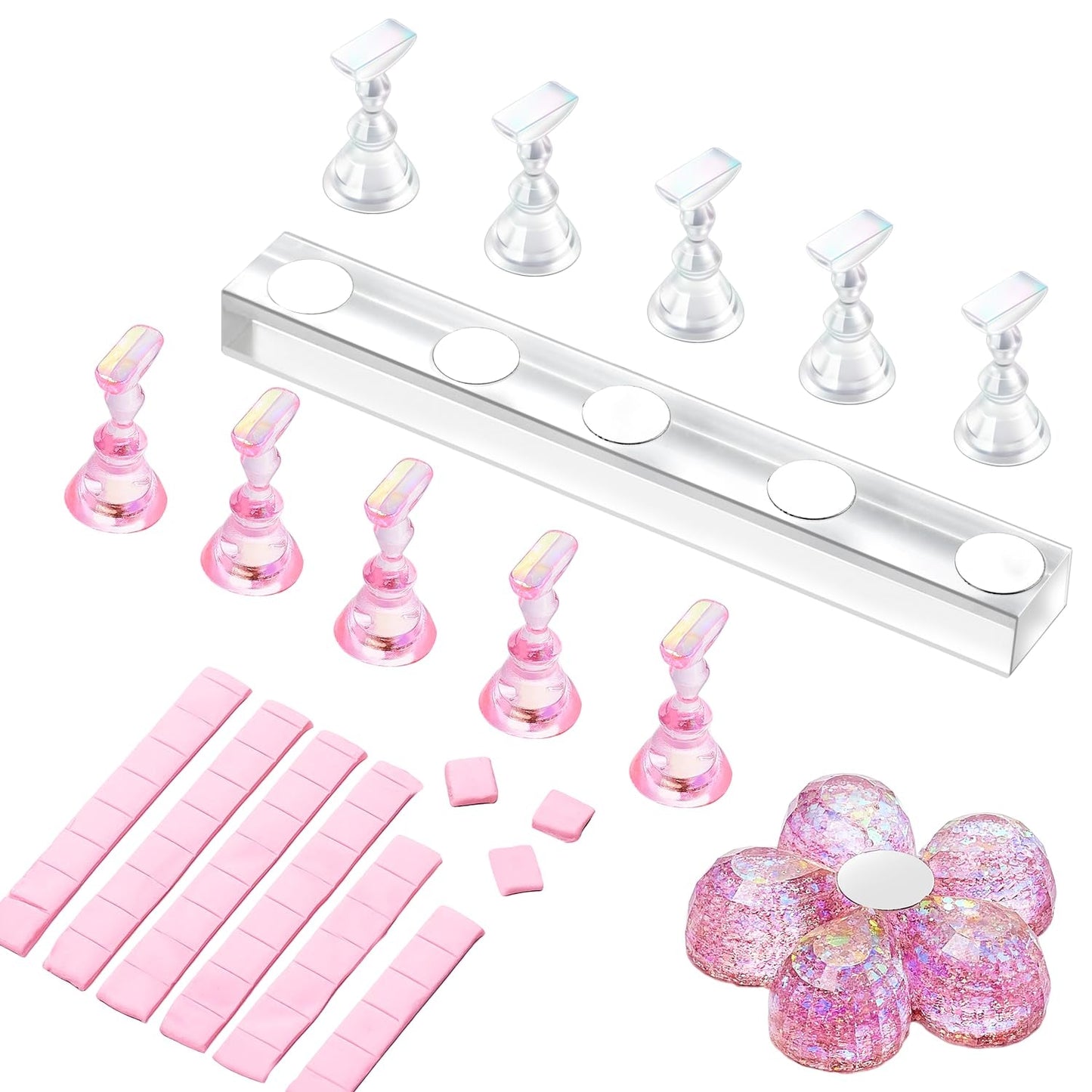 Makartt akryl nagelhållare, magnetisk nagelhållare, nagelhållare, transparent rosa nagelhållare med 48 självhäftande spackel