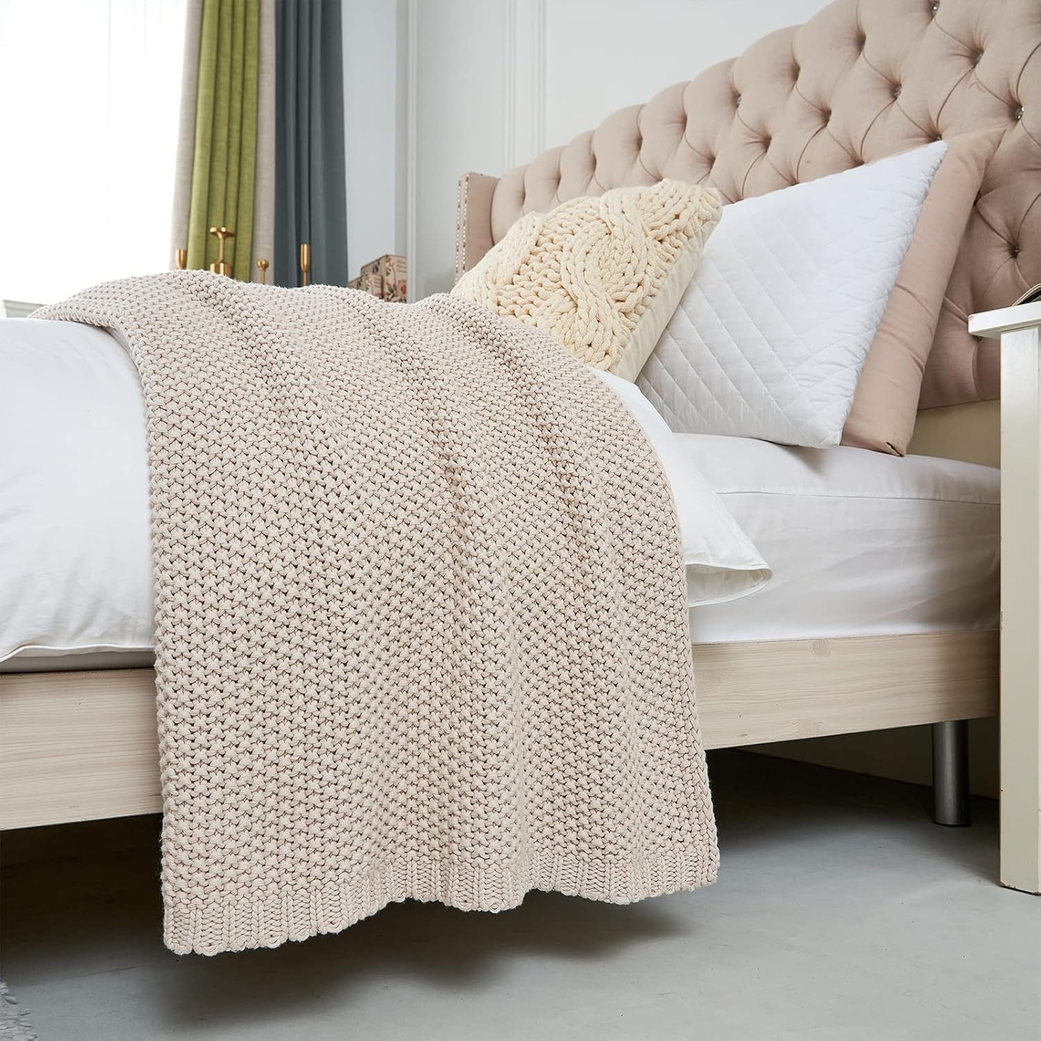 Chunky stickad plädfilt, Lättvikt, Beige, 100 % ekologisk bomull, Filt för soffa, soffa, säng, barn, barnrum, Rustik, Shabby chic, Modern bondgård, 152,4 X 203,2 cm, Inklusive tvättpåse Sängar och filtar Longhui sängkläder