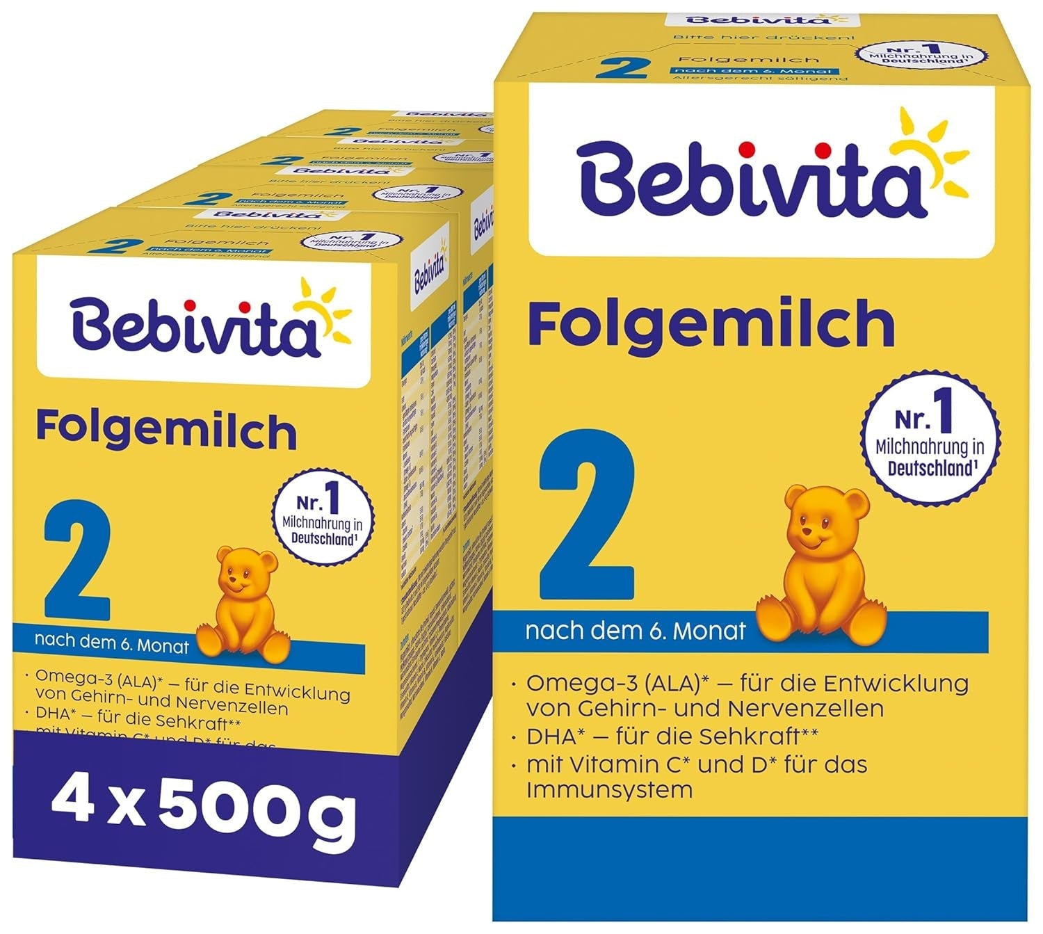 2 Folgemilch (4 x 500g), efter dem 6. Monat, med vitamin C och D, Omega-3 (DHA), altersgerecht sättigend
