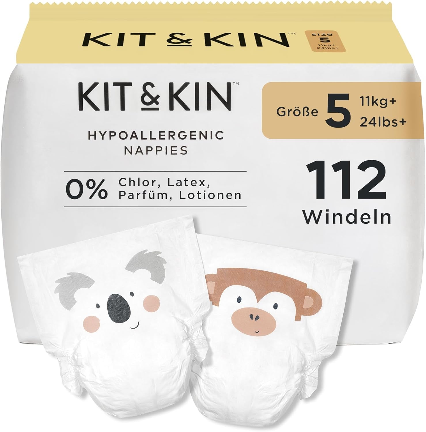 Kit & Kin Premium blöjor, storlek 4 (9-14 kg), 128 antal, växtbaserade och allergivänliga, tillförlitligt läckskydd, vegan och grymhetsfri