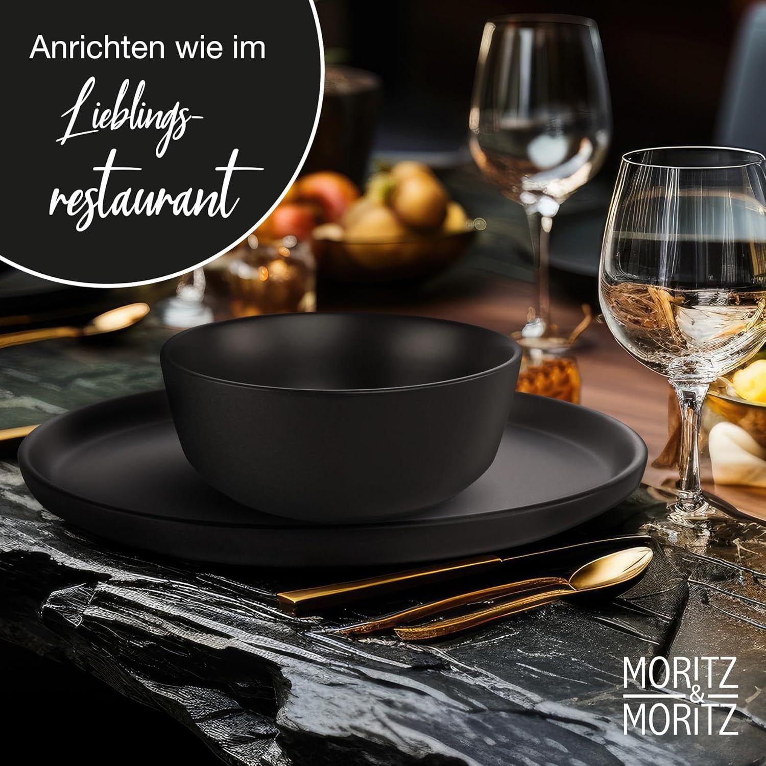 Moritz & Moritz NORDIC 6-personers servisset - 18-delat svart servisset i stengods - Skandinavisk design - 6-personers Robust servisset för dagligt bruk och gäster - Kombinationsset för servis