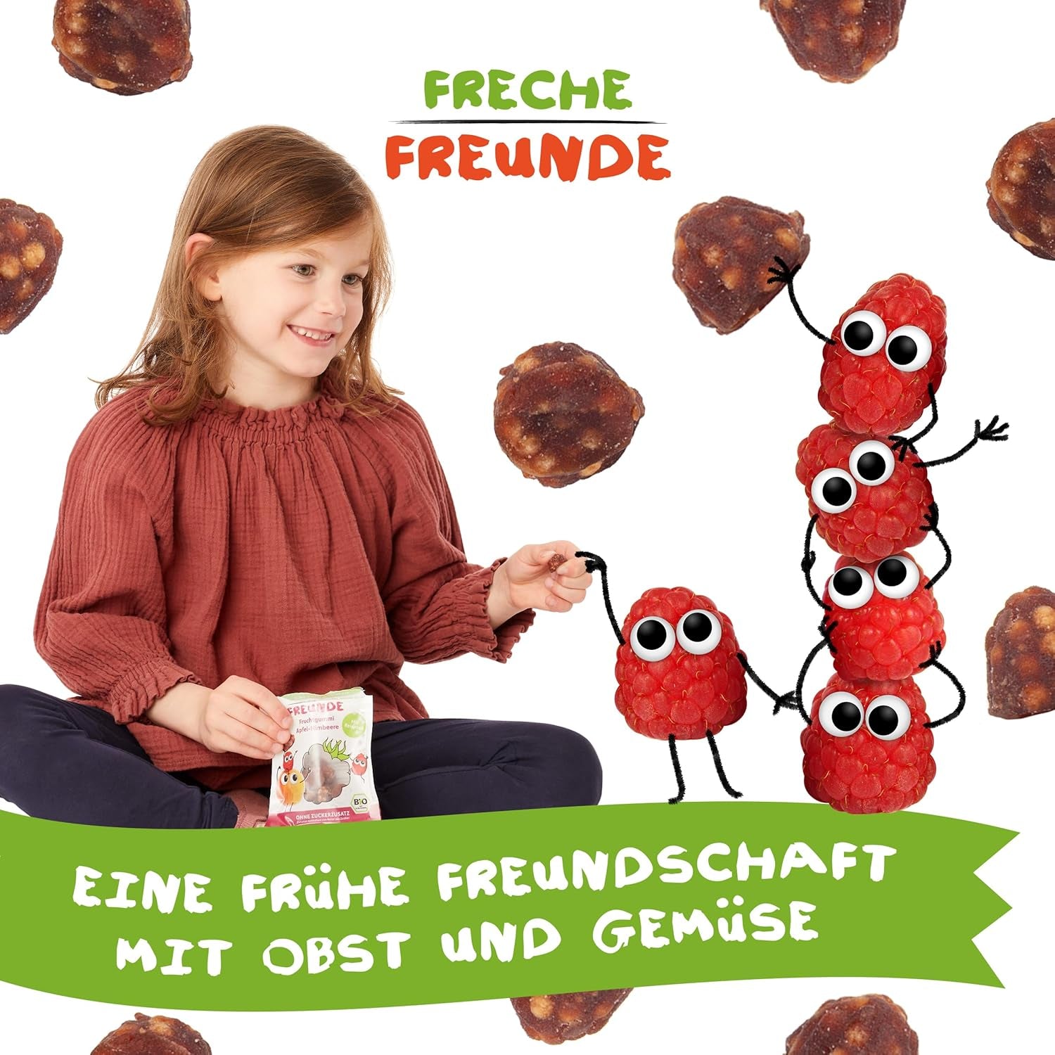 FRECHE FREUNDE Ekologiska fruktgeléer, äppel-, hallon- och risklubbor, fruktigt sött mellanmål för barn, glutenfritt, veganskt, paket med 20 (20 x 30 g)