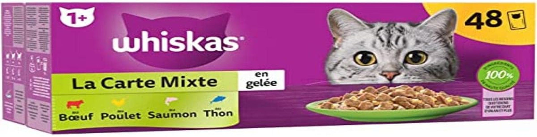 WHISKAS Måltid - 48 dospåsar Färsk - Blandad kartong (4 sorter) - Våtfoder för vuxna katter i gelé - Komplett och balanserat våtfoder lämplig för steriliserade katter