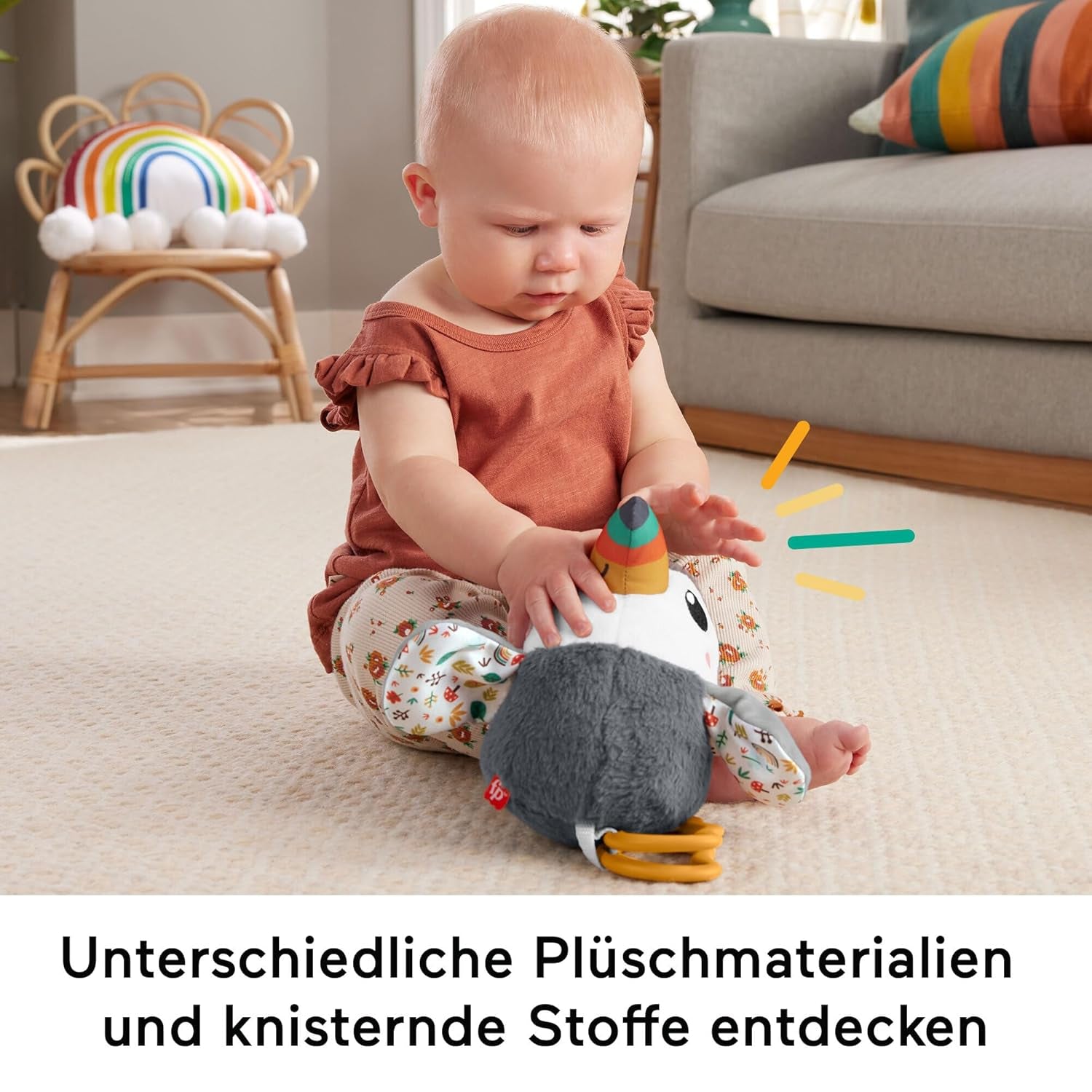 FISHER-PRICE Flap & Go Toucan - Barnvagn plyschleksak främjar finmotorik och sensoriska färdigheter för nyfödda från födseln HNX66 Baby Toys Naty Shop