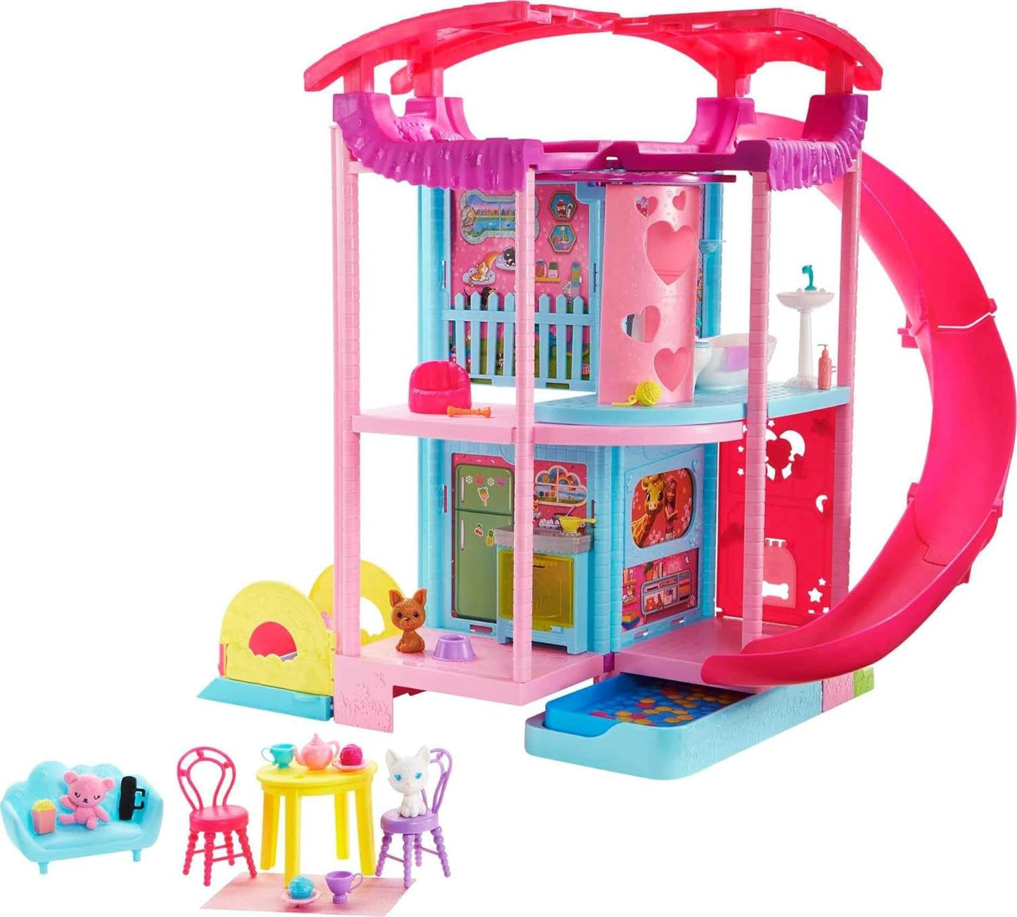 Barbie Chelsea Playhouse - 3 transformerande våningar, hemliga lekområden, hiss, pool, rutschkana, 2 husdjur och 20+ tillbehör, för åldrarna 3+, HHX44