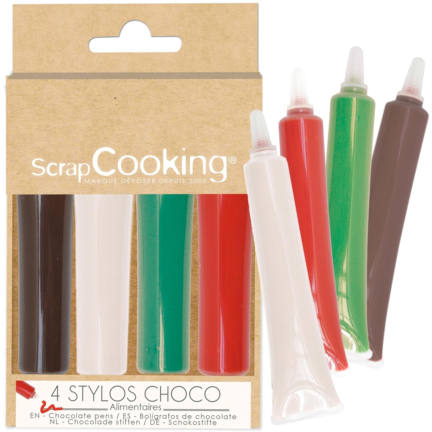 Scrapcooking - Set med 4 julchokladfärgade pennor - brun, vit, grön och röd - Ätlig färg - matfärg för att skriva - Skriv och rita på efterrätter, kakor och kakor - 7060