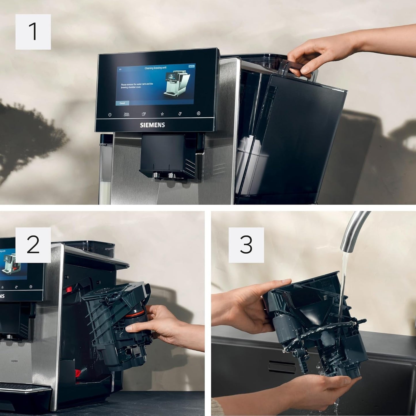 Siemens EQ900 automatisk espressomaskin, stor TFT-färgskärm, 2 bönbehållare, 36 varma och kalla drycker, kallt kaffe, supertyst, tvåkoppsfunktion, appkontroll, rostfritt stål, TQ907D03