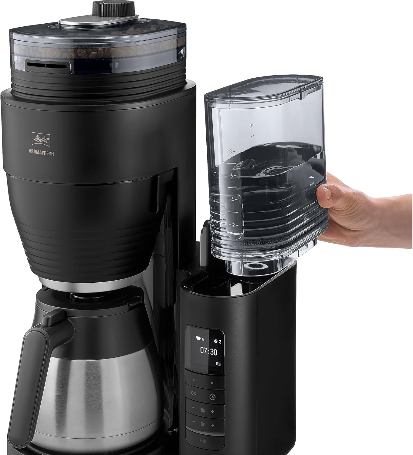 Melitta AromaFresh Therm Pro X - Espressomaskin med filter, integrerad kvarn, avtagbar vattentank, rostfri termokanna och timerfunktion, för upp till 8 koppar kaffe, svart/silver