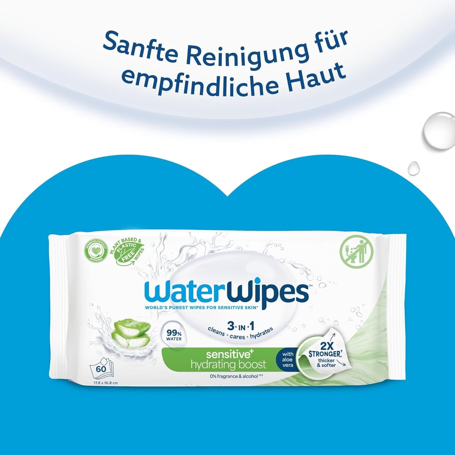 WaterWipes Sensitive+ Hydrating Boost våtservetter, hydratiserande våtservetter, 360 delar (6-pack), 3 i 1 rengöring, vård, hydrat, 99 % aloe vera-vatten, oparfymerade babyservetter