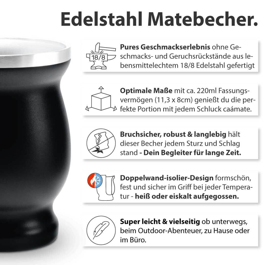 Mate Bio Tea Set ● 3 sortiment av Mate + Dubbelväggig Mate-mugg i rostfritt stål + Bombilla + Brygganvisningar (svart)