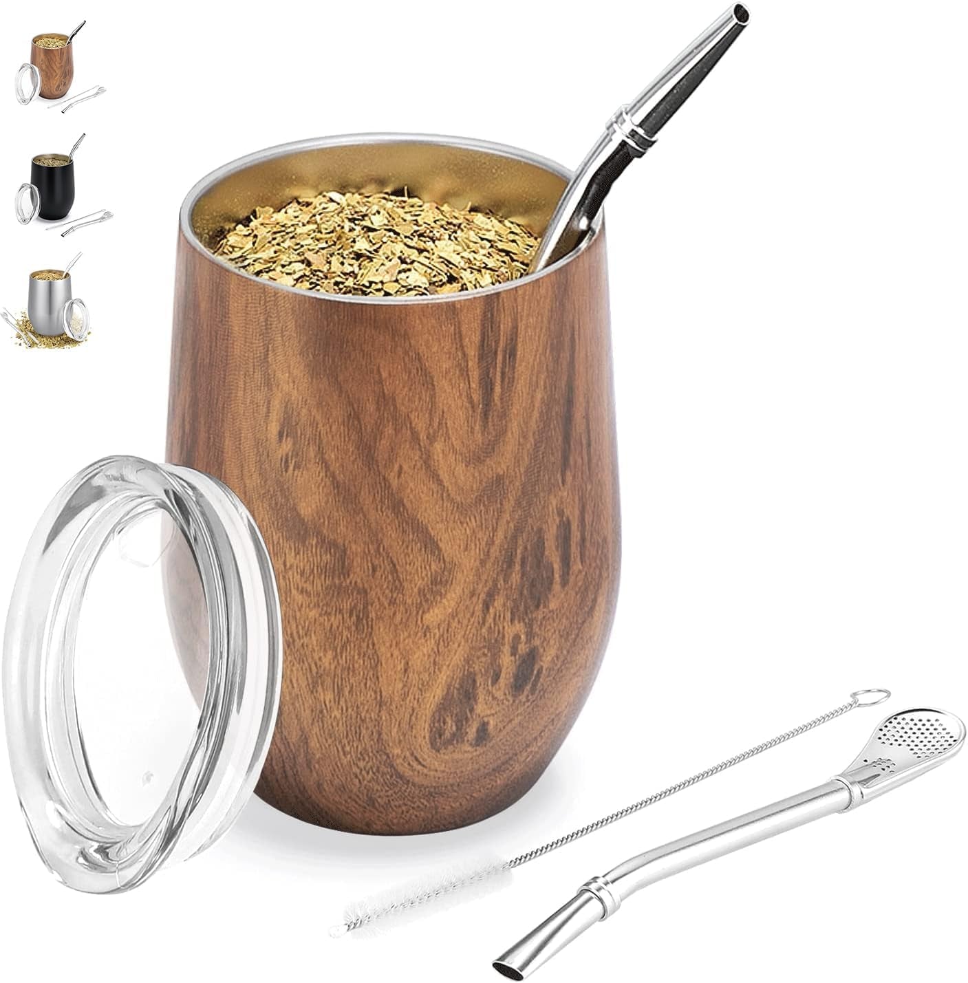 Modern Mate-mugg 340 ml, isolerad dubbelvägg i rostfritt stål Yerba Mate-muggset, Mate-temugg med BPA-fritt lock, Bombillas och en rengöringsborste (silver)