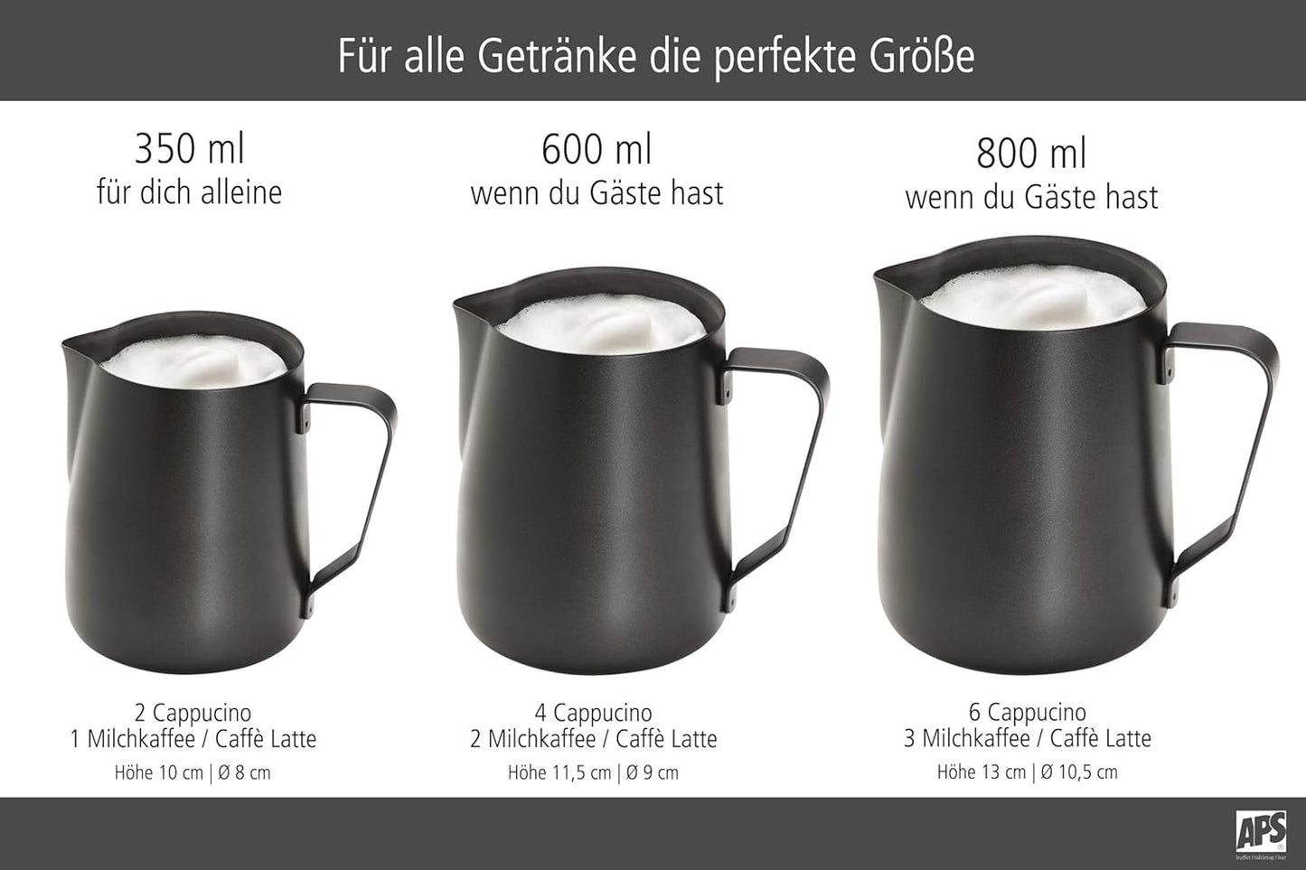 APS Milk Pitcher - Högkvalitativ mjölkkanna med non-stick beläggning, gjord av rostfritt stål - Perfekt för att skumma mjölk - Universalkaraff, svart, 600 ml