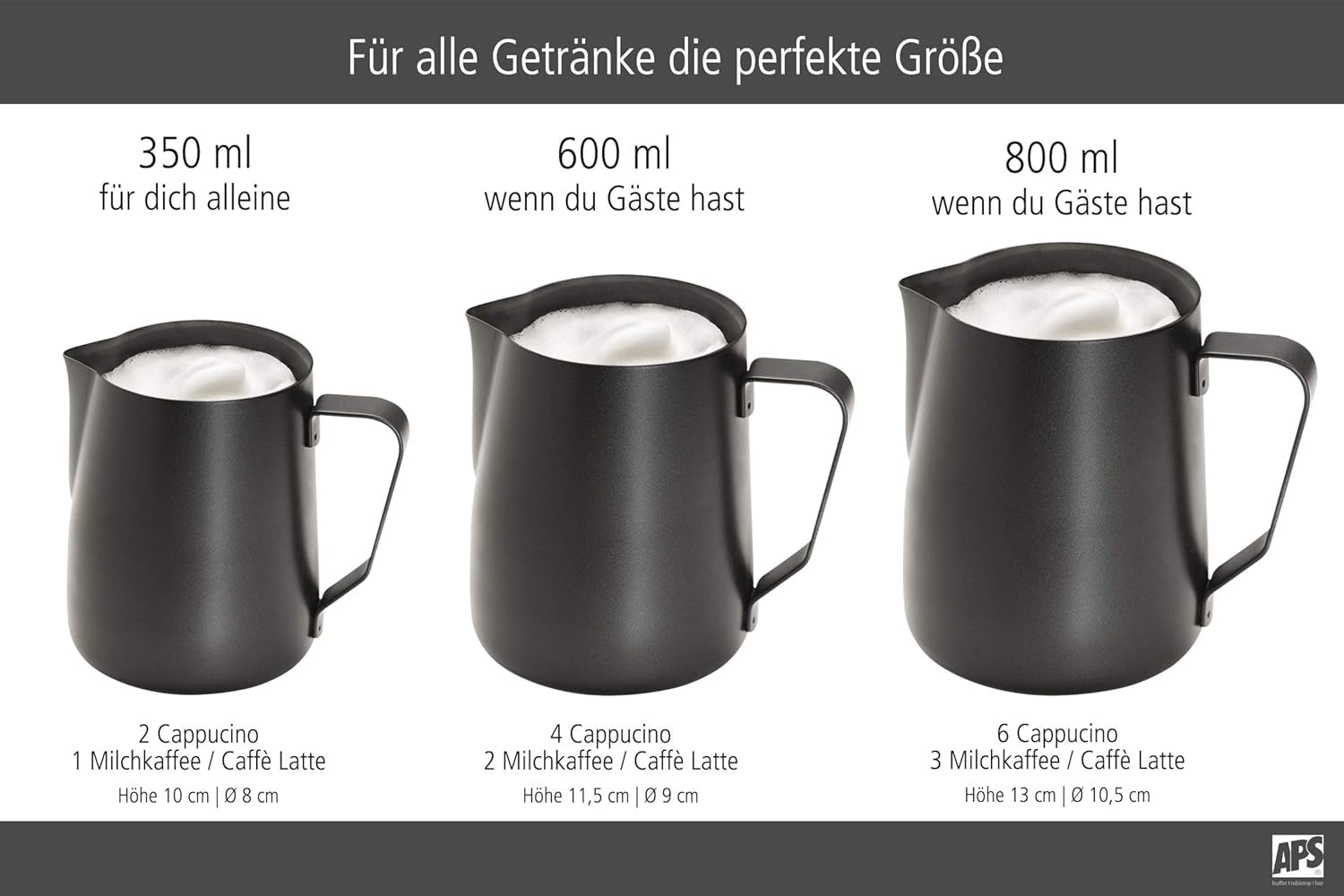 APS Milk Pitcher - Högkvalitativ mjölkkanna med non-stick beläggning, gjord av rostfritt stål - Perfekt för att skumma mjölk - Universalkaraff, svart, 600 ml