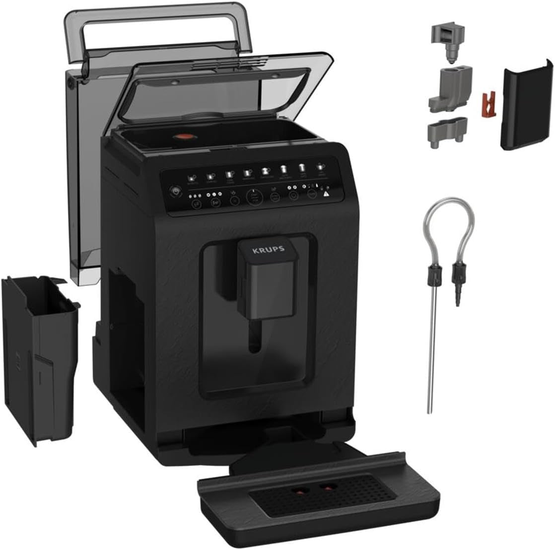 Krups EA897B Evidence ECOdesign automatisk espressomaskin, automatisk espresso- och cappuccinofunktion, Quattro Force-teknik, entrycksmjölkkoppar, 8 förinställningar, mjölksystem, 1450W