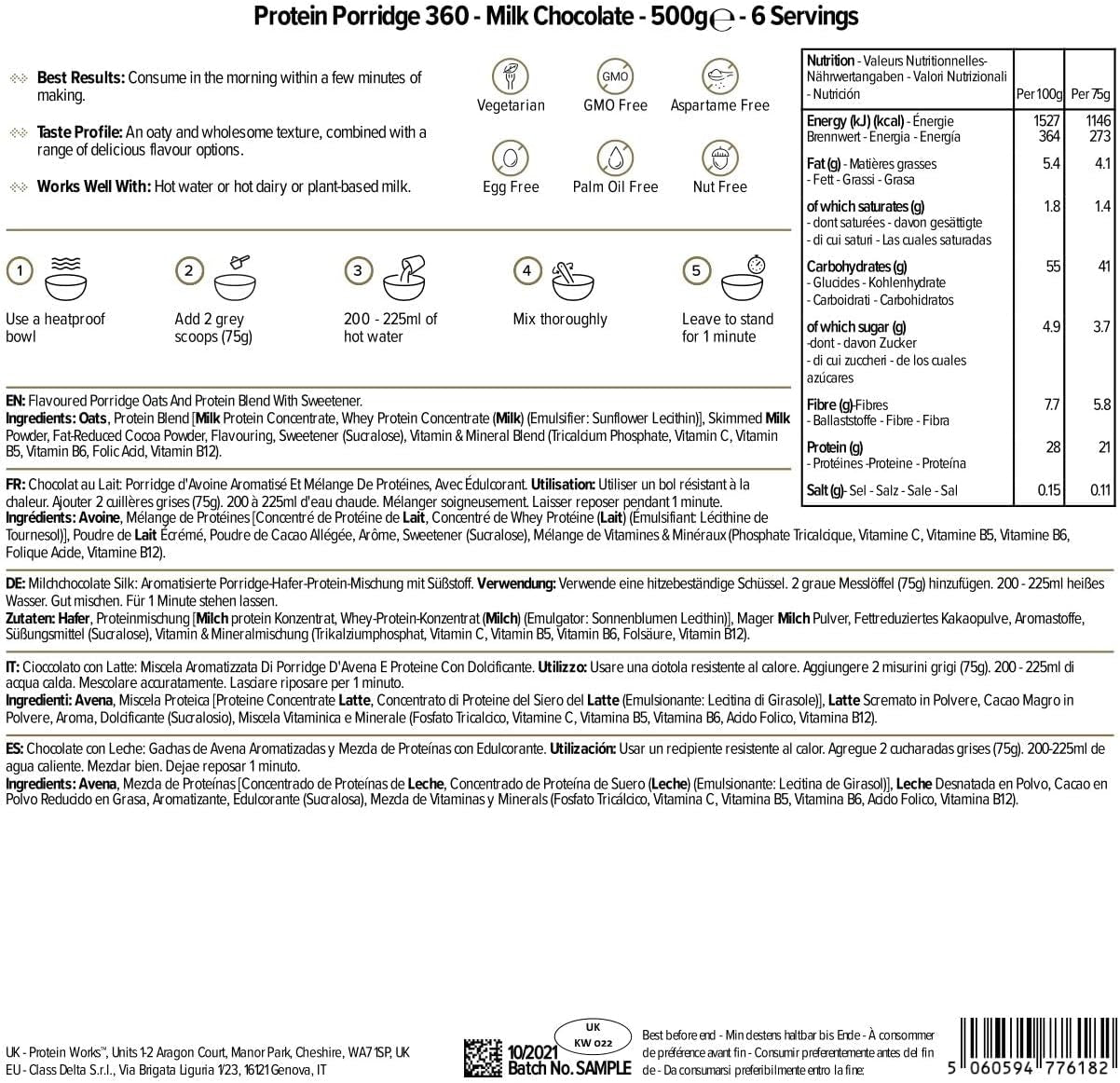 Protein Works - Protein Porridge 360 | Myt Ytterligare vitaminer och mineraler | Proteinreiches Frühstück | Kalorienarme Haferflocken | 6 portioner | Mjölkchoklad 500G Cereal Naty Shop
