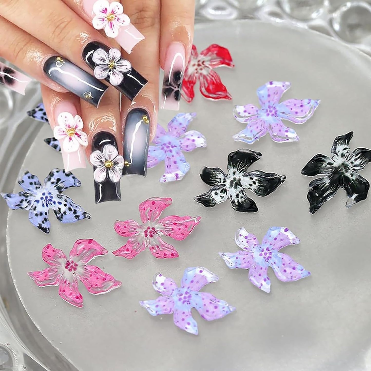 50 st 3D Flower Nail Charms, 3D Gel Nail Art, Nail Charms, Färgglada sommarsmycken, DIY Nageltillbehör, Präglade Hibiscus Flower Crystals, Gradient Nail Art för kvinnor