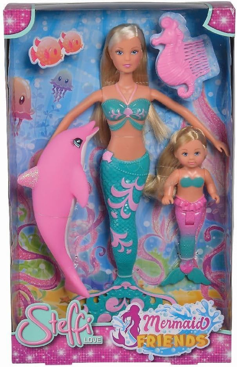 Simba 105733336 - Steffi Love Mermaid Friends, Magisk sjöjungfrudocka med syster Evi, delfinfigur med mera, leksak för barn från 3 år och uppåt