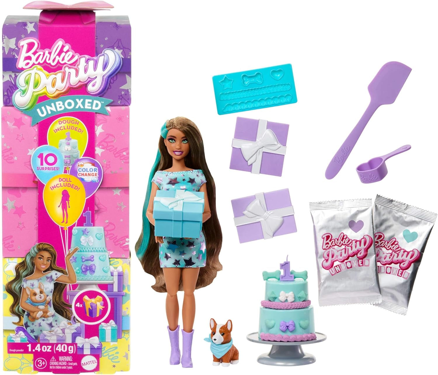 Barbie-festdocka oförpackad och tillbehör Födelsedagshusdjursserie 10 stjärnset för överraskningsfest inklusive färgskiftande effekt & tårtdekorationer JFG72
