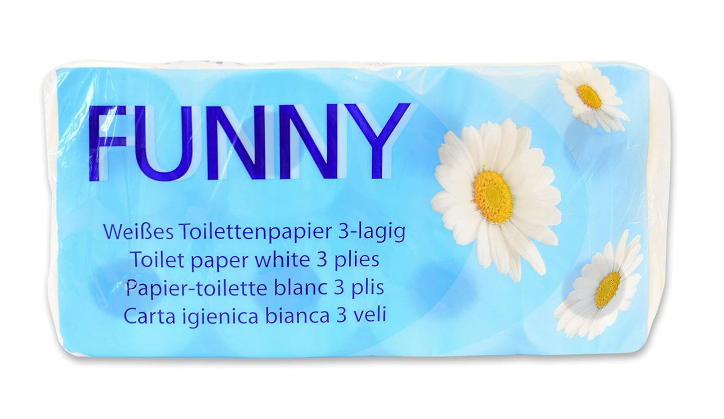 Roligt toalettpapper AG-014, 3 lager, 250 ark, 9,5 cm x 11 cm, vitt, enstaka paket med 8 rullar
