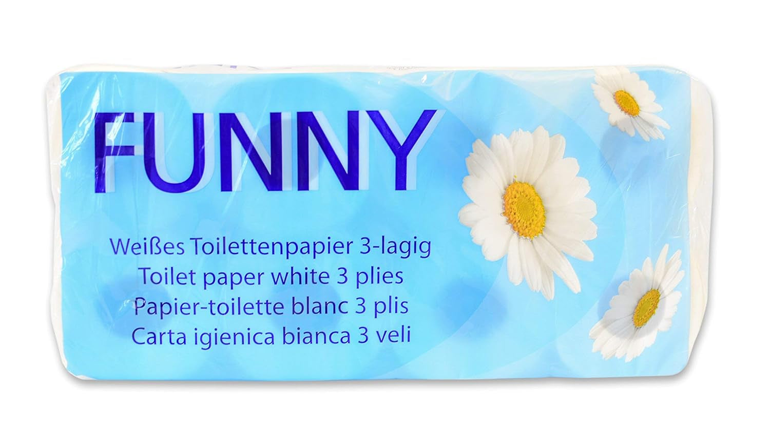 Roligt toalettpapper AG-014, 3 lager, 250 ark, 9,5 cm x 11 cm, vitt, enstaka paket med 8 rullar