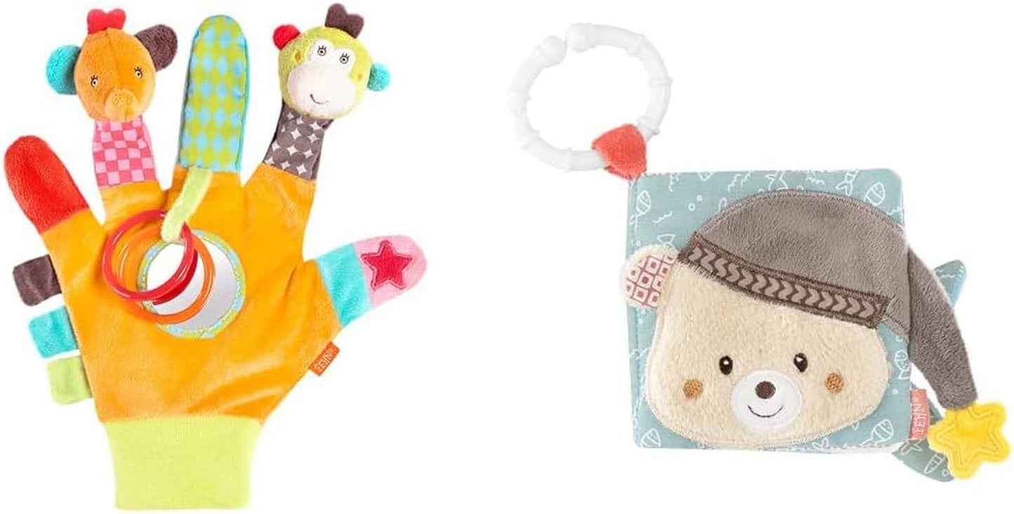 Fehn lekhandskesafari - fingerdockor babyleksak apa och elefant för att greppa och göra ljud & mjuk bilderbok Bruno - taktil bok för barn med djurmotiv Bebe Toys Naty Shop Safari