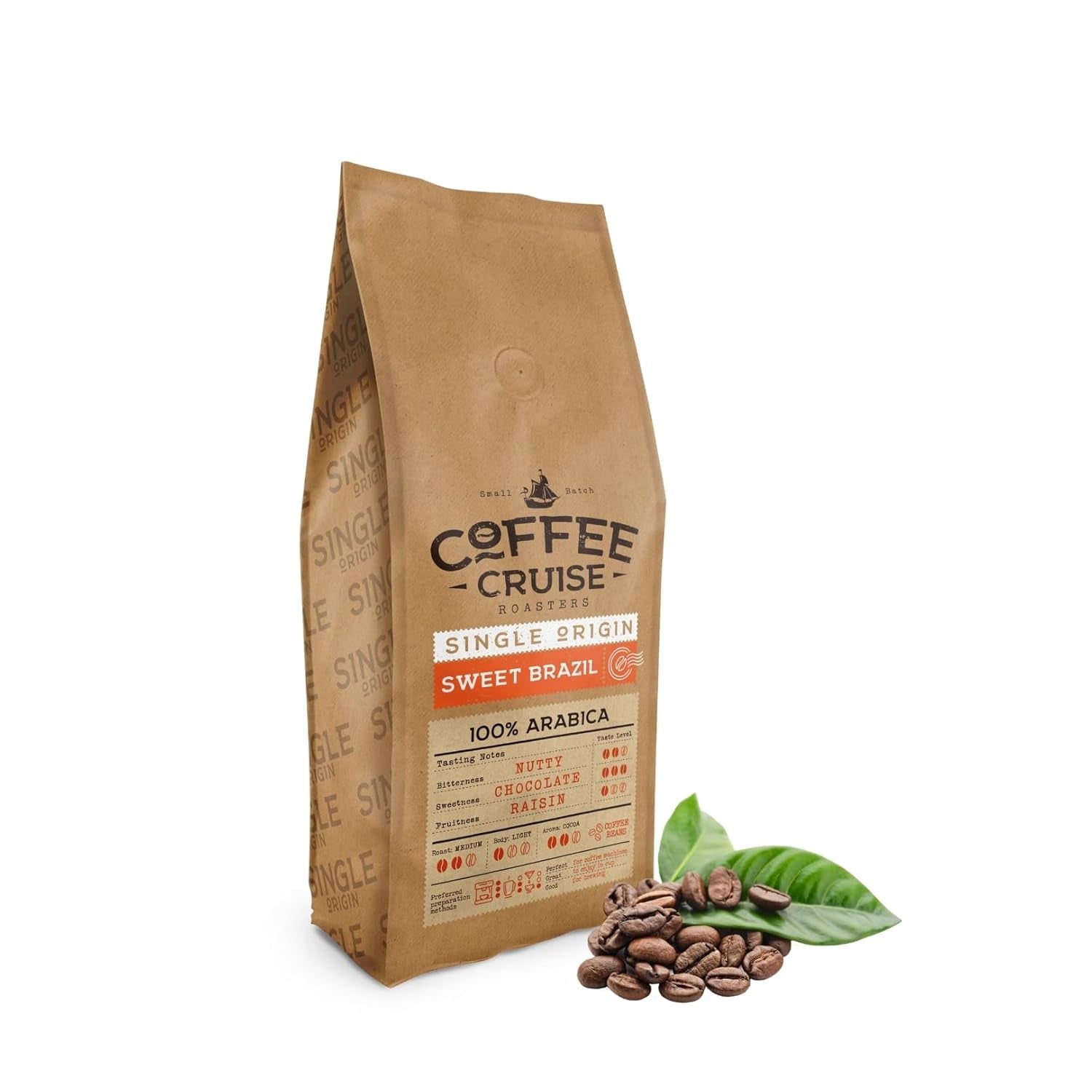 COFFEE CRUISE Sweet Brazil Brasilianische Kaffeebohnen 1kg - Mittlere Röstung - Aroma Kakao und Schokolade - Für All Kaffeemaschinen - 100% arabiska