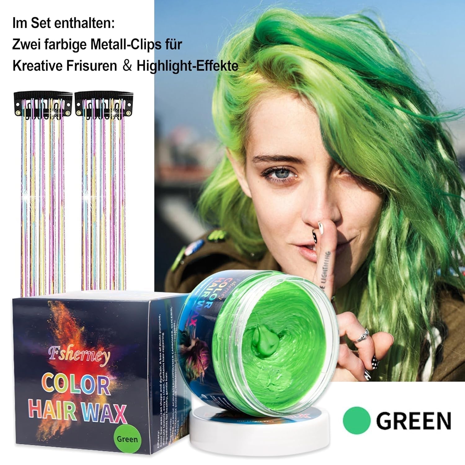 Temporary Green Hair Dye - Hårfärgsvax, hårton för män kvinnor, naturligt hårpomada, Color Clip Hårfärgningsvax för Crazy Party Hårfärg (4,23 oz, Grön) Naty Shop Hårfärgning