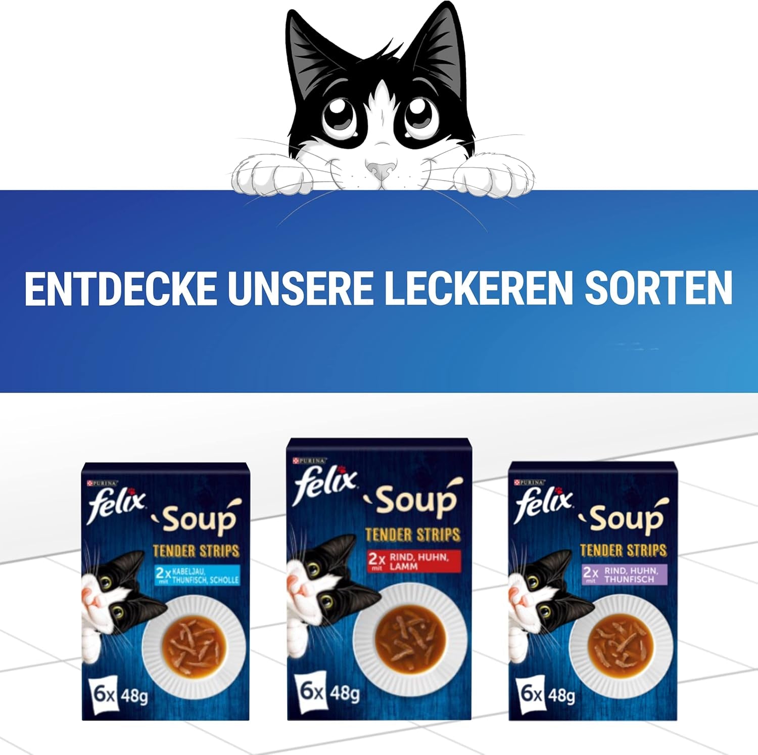 Felix soppremsor, kattsoppa, blandad variant, förpackning om 8 (8 x 6 påsar med 48 g vardera)