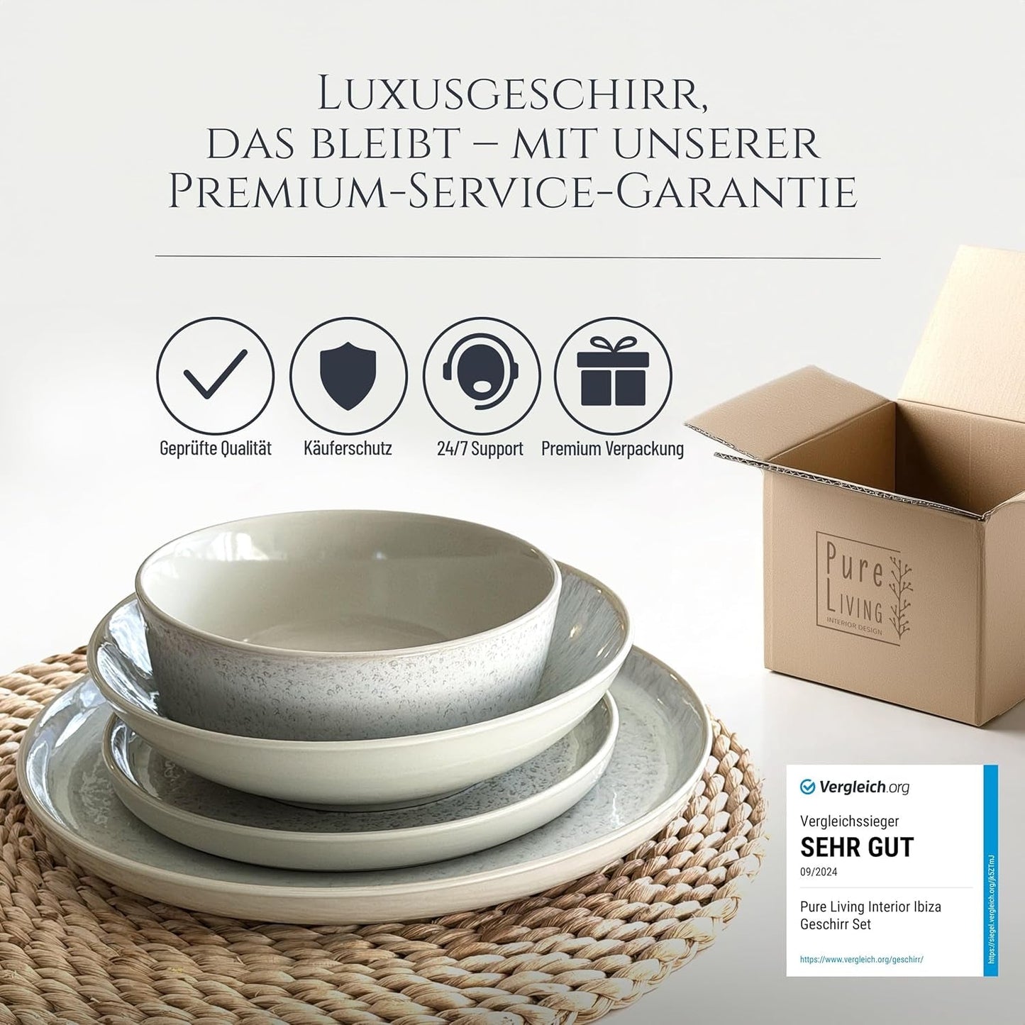 48-delars keramiskt stengods servisset för 12, Ibiza design, TESTVINNARE. Ett underbart keramiskt medelhavsservis av stengods med skålar och tallrikar. Pure Living servisset, beige.